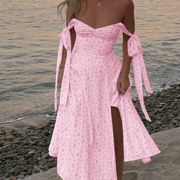 Mauve Purple Casual V-Neck Spaghetti Strap Floral Backless Slit Dress - Picture 9 of 11